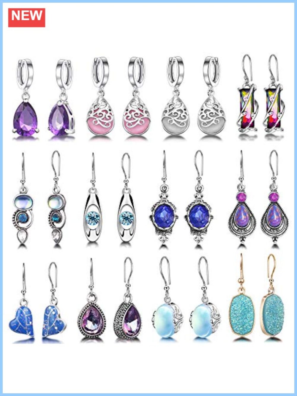 12 Pairs Teardrop Crystal Drop Dangle Earrings Cubic Zirconia Huggie Hoop Set